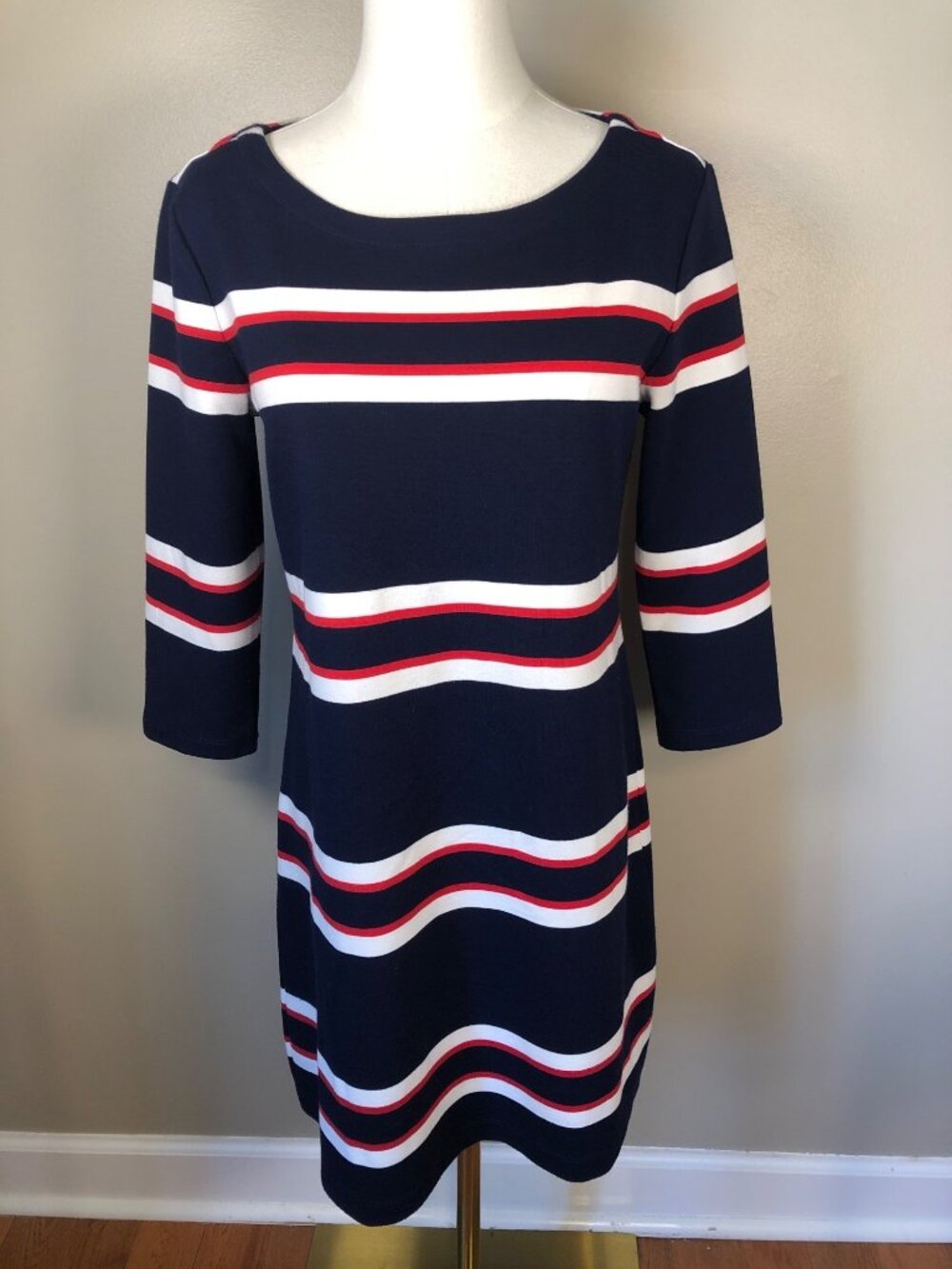 Gap 3/4 Sleeve Navy Red White Stripe Stretchy Jersey Shift Dress Size S